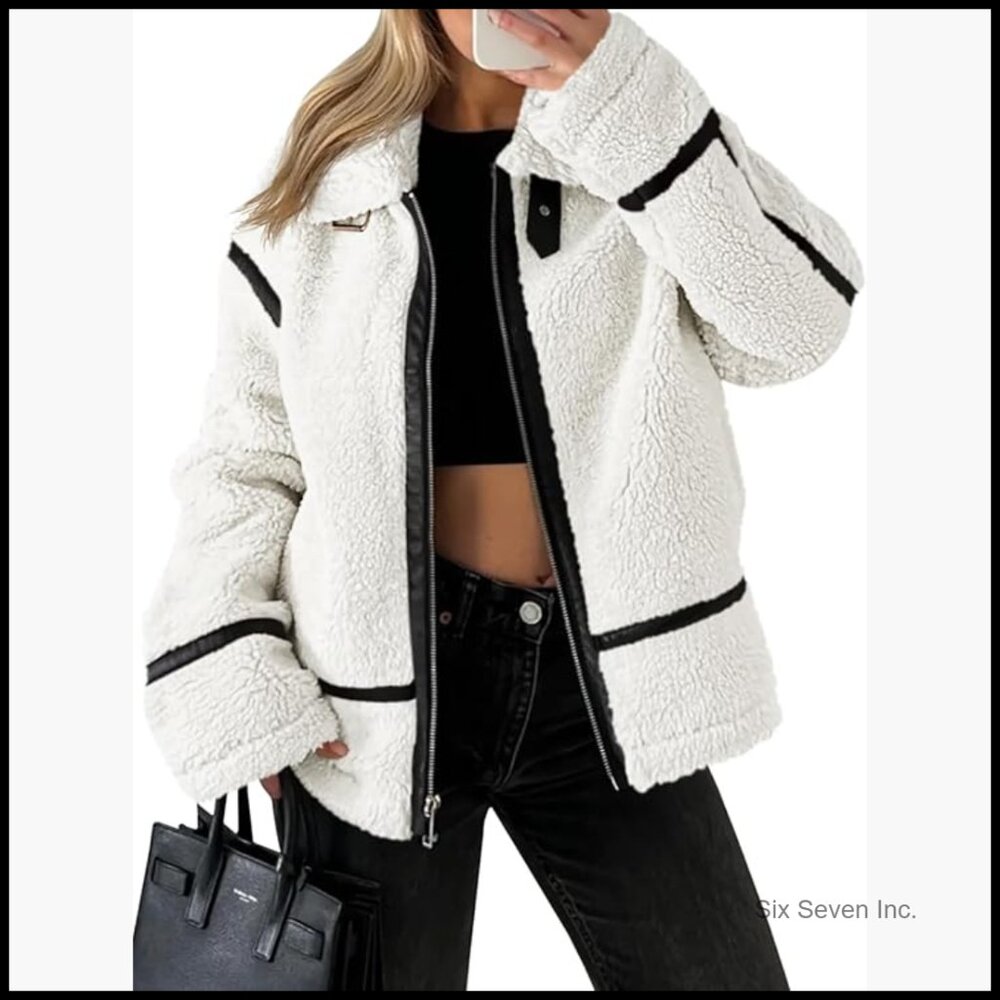 Faux Fur Jacket with Leather Patchwork Zip Up Coat - image 1